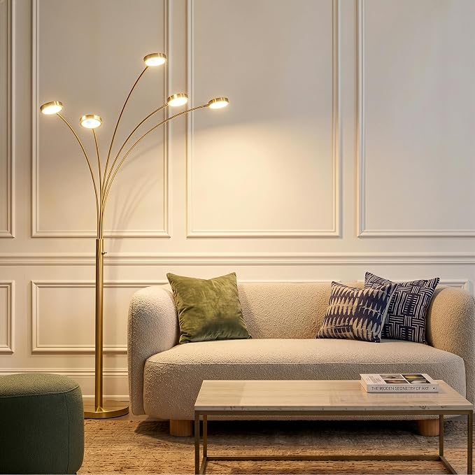 Brightech Orion Arc Floor Lamp for Living Room, Tree Floor Lamp with 5 Adjustable Arms, Multi-Head Standing Lamp with Flexible Rotating LED Lights for Bedroom, Dorm - Bright Hanging Lighting - Brass