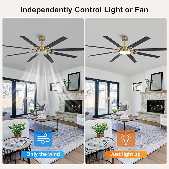 80 Inch Ceiling Fans with Lights and Remote, Bedroom Living Room Office Library Cafe Outdoor Industrial, 5CCT Dimmable, Dual Color 8 Blades, 6 Speed Reversible Quiet DC Motor, Gold/Wood Grain