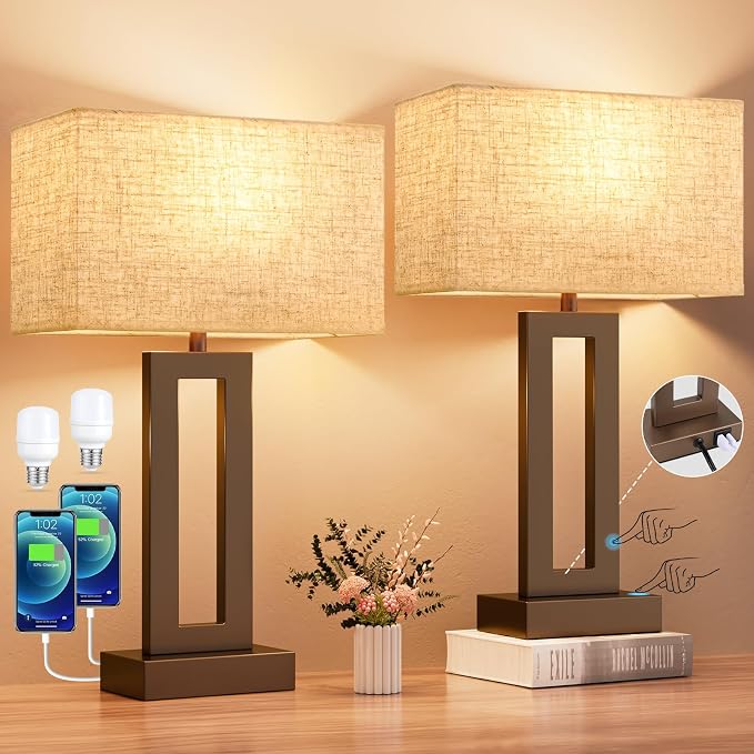 Seealle Bedroom Lamps for Night Stands - Touch Control, 3 Way Dimmable, USB C+A Charging, LED Bulbs, Easy Assembly(Yellow&Coffee)
