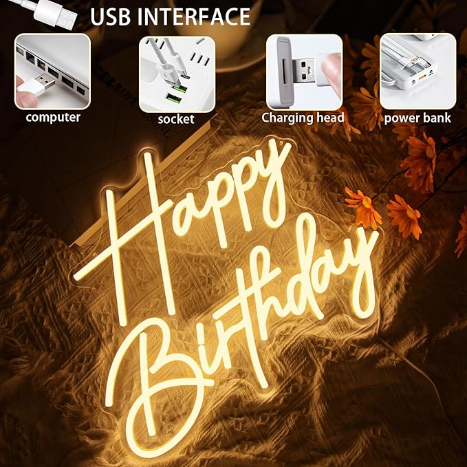 Happy Birthday Neon Sign for Wall Decor, Dimmable LED Happy Birthday Light Up Sign, Happy Birthday Sign for All Birthday Party Decoration Backdrop and Any Ages Bday Celebration, Warm White