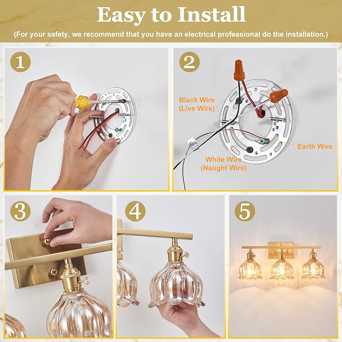 3-Light Amber Tulip Glass Vanity Light, Brushed Gold Vintage Bathroom Wall Sconce, 19.4" Antique Brass Hardwired Wall Lamp for Mirror, Powder Room, Bedroom (Individual Switches, Bulbs Not Included)