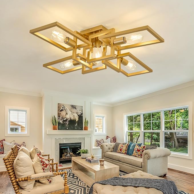 ZGLAOJT Semi Flush Mount Ceiling Light 5-Light Gold Kitchen Light Fixtures | Modern Large Matte Sputnik Chandelier for Dining Room Bedroom Farmhouse Living Room