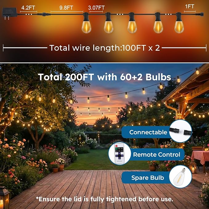 GvvooHome 200FT S11 LED Outdoor String Lights with App & Remote, Low-Voltage Patio Lights with Music Sync, 4 Lighting Modes, Dimmable, Waterproof LED Outdoor Lights for Backyard, Porch, Deck, Garden