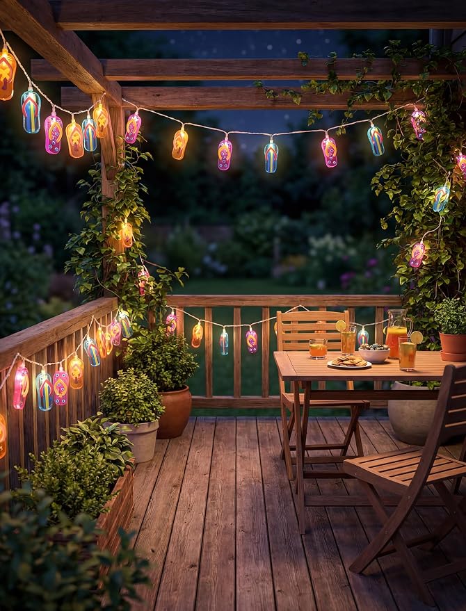 10 LED Tropical Beach Flip Flop Lights, 8.5Ft Slipper Camping String Lights | Plug in, Connectable, 10 Multicolor Hanging Fairy Lights, Summer Hawaiian Decoration for Outside Party Garden Home Decor