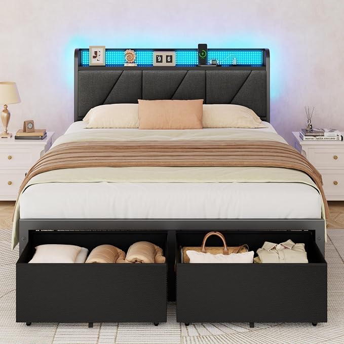 Full Size Bed Frame with 2 Storage Drawers & Upholstered Headboard | Metal Platform Bed with Storage Shelf, Charging Station, LED Lights and Heavy-Duty slats, No Spring Box Needed, Noise-Free