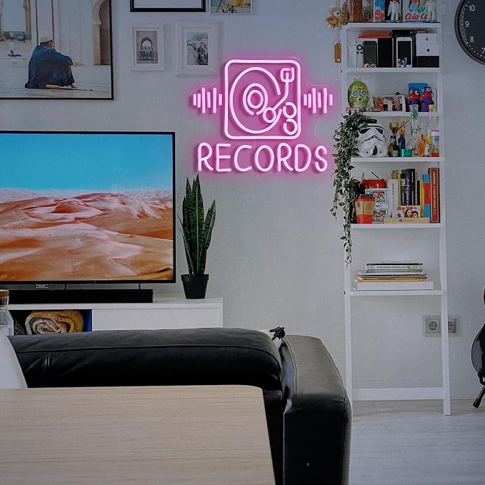 Records Neon Sign For Wall Decor Jukebox Music Light Up Sign Powered by USB Dimmable Pink Led Music Records Neon Light for Video Shop Karaoke Bar Party Bedroom Gifts(15.7"*12.2"）
