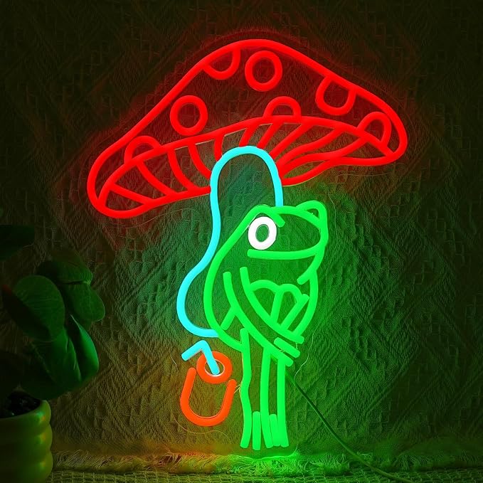 Frog Mushroom Neon Sign Frog Under Mushroom Neon LED Light Dimmable Juice Wine Light Up Sign for Wall Decor Man Cave Bedroom Bar Restaurant Club Zoo Gamer Room