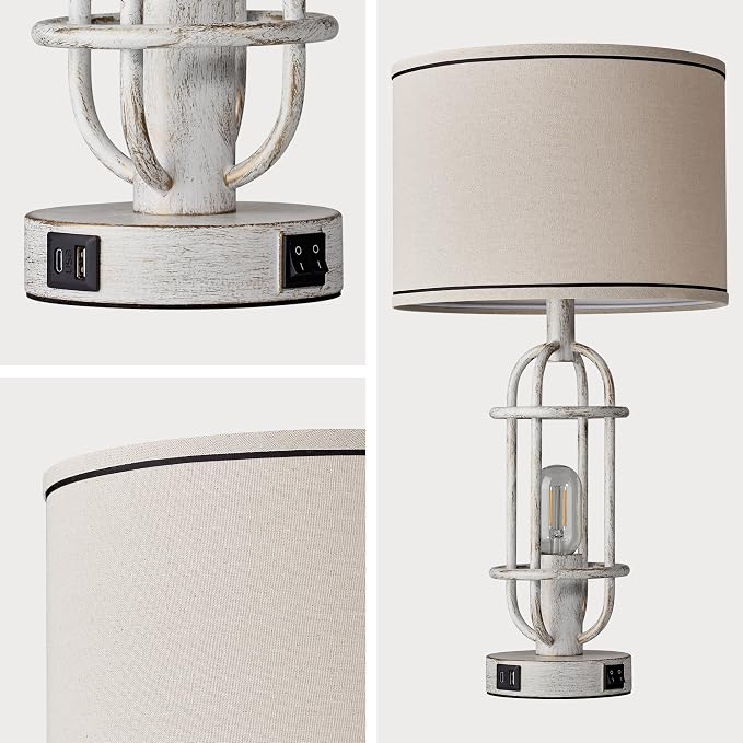 Reaketon 22.3" Farmhouse Table Lamps Set of 2, Vintage Lamps for Living Room End Tables, Bedroom Lamp for NightStand with USB C+A Ports, Antique White