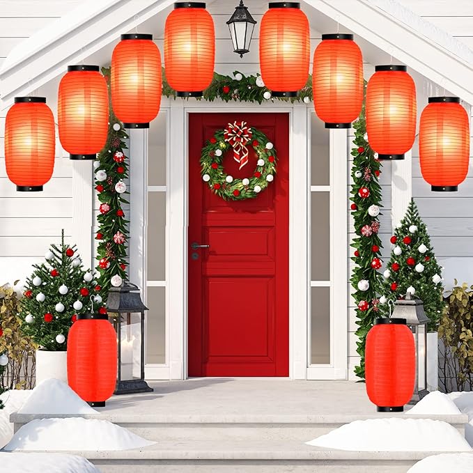 24 Pcs Traditional Japanese Style Red Silk Hanging Lantern Set Including Paper Lanterns Japanese Decorations and Lights for Chinese New Year Luna Festival Party Decoration DIY Crafts