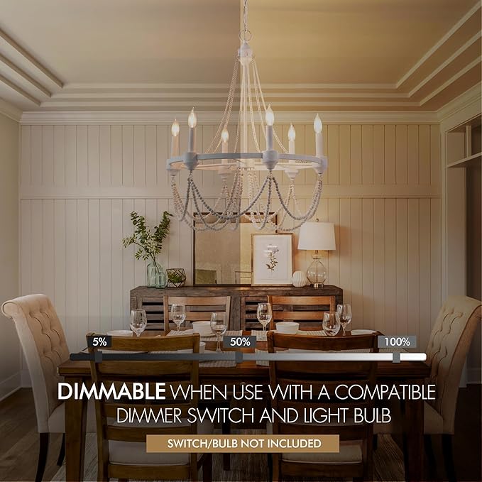 Boho Beaded Chandelier Farmhouse Rustic Candle Style Hanging Light Fixtures French Country Lighting for Dining Room Foyer Kitchen Entryway Distressed White Chandeliers 6-Lights W25.6