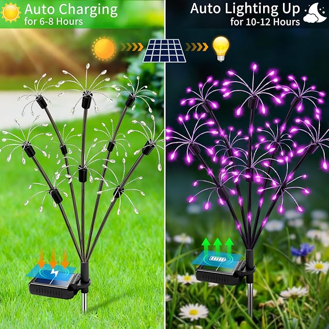 Solar Garden Lights Outdoor, 4 Pack 2-Layer Purple Solar Firework Lights | Purple Halloween Decoration, Waterproof Starburst Fairy Light Garden Decor for Christmas Yard Patio Pathway Lawn