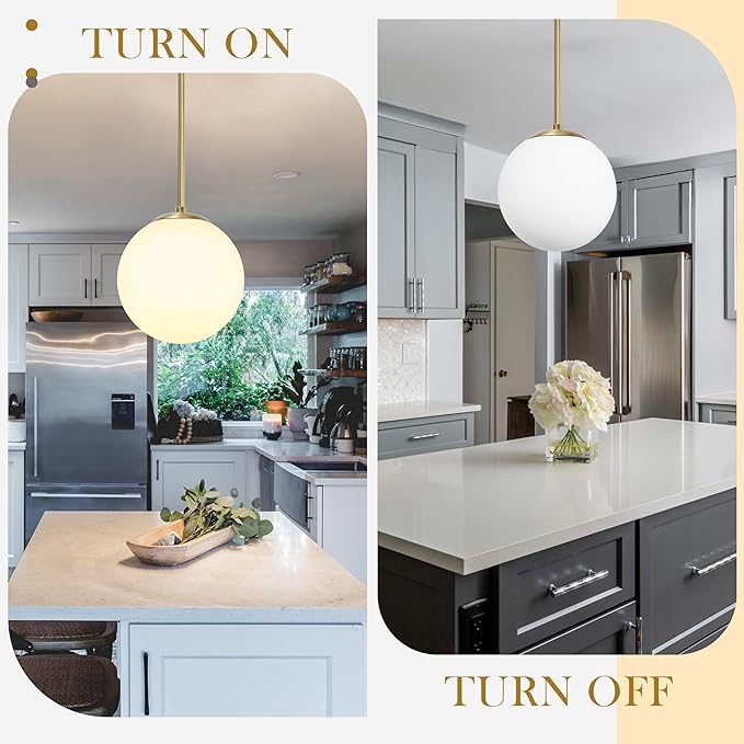 14" Globe Pendant Light 3-Light Gold Mid Century Modern Light Fixture Milk Glass Pendant Light Globe Pendant Lights Kitchen Island Brushed Brass Finished with Milk Glass Lampshade for Bedroom