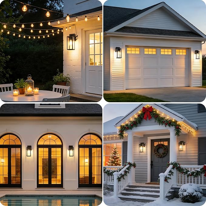 Outdoor Wall Light with GFCI Outlet, Dusk to Dawn Porch Light with Clear Glass and E26 Socket, Waterproof Anti-Rust Aluminum Exterior Lighting, Black Outside Lights for Patio, Front Door, Garage