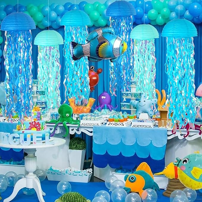 ADLKGG 10" Jellyfish Paper Lanterns Lamps - Gradient Blue Under the Sea Party Decorations for Mermaid Theme Birthday, Beach Baby Shower, Pre-Assembled Classroom & Ocean Decor, 6 PCS