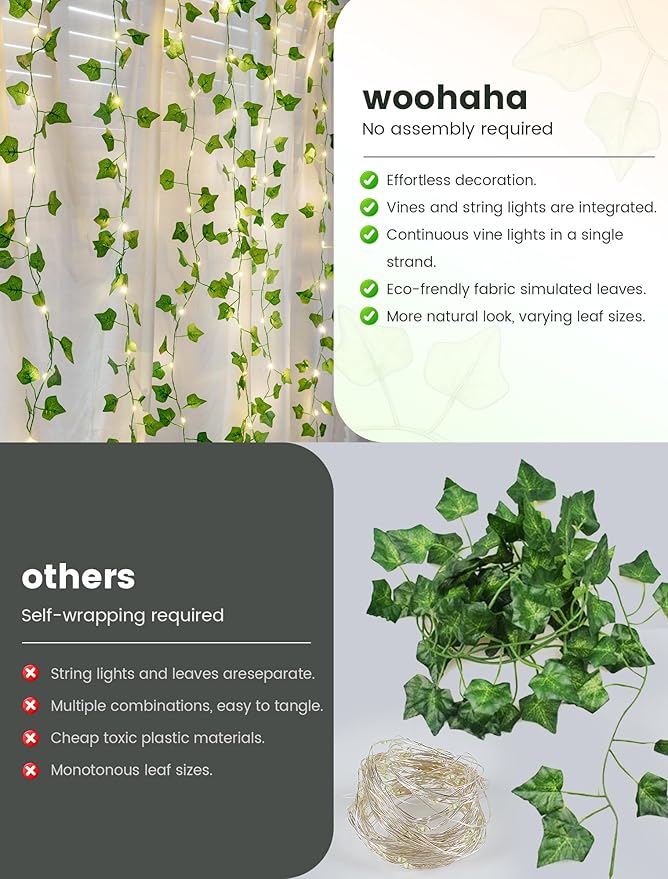 woohaha Vine with Fairy Lights,23ft 73LED Ivy String Light USB/Battery Operated with with Remote,Leaf Light for Bedroom, Room, Wall, Garden, Party, Wedding Decor (Warm White)