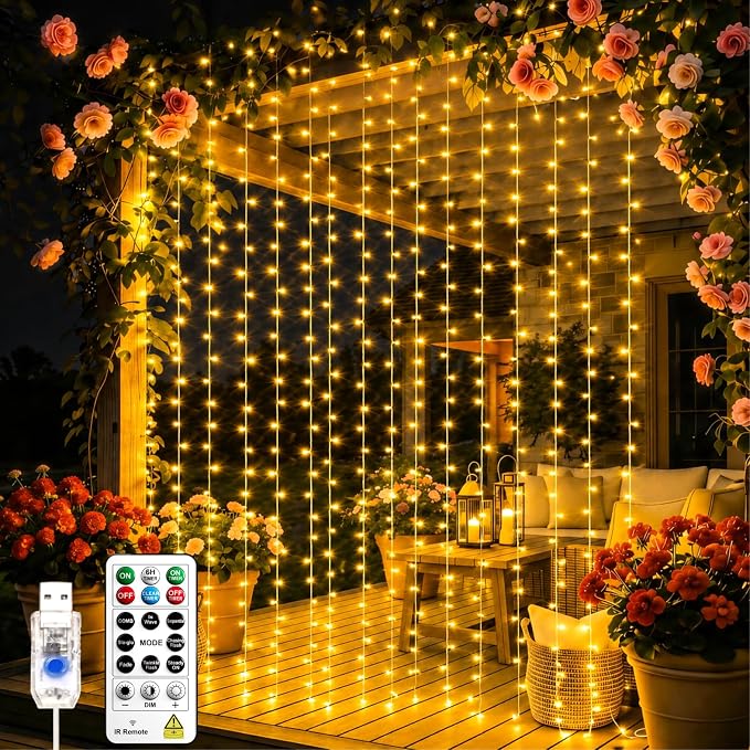 Curtain String Light, 200LED 6.6x6.6ft, Remote & 8 Modes, USB | Window Wall Hanging String Lights, For Bedroom, Wedding, Party, Home, Garden and Indoor Decorations, Warm White