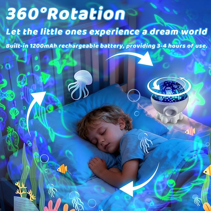 Cute Octopus Night Light Projector,17 Light Modes Ocean Star Projector with 360° Rotation, 3 Projection Films and 9 Lullaby Songs,Night Lamp with Remote and Timer, Gifts for Family and Friends (White)