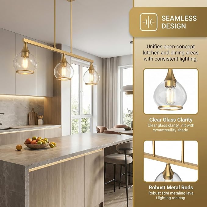 Kitchen Island Linear Pendant Light, 3-Light Gold Dining Room Chandelier with Clear Glass Globe Shades, Modern Linear Lighting Fixture Over Table