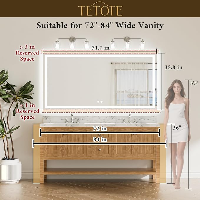 72 x 36 LED Bathroom Mirror with Lights, Brighter Front and Backlit Led Lighted Vanity Mirror Wall Mounted, 3-Color Dimmable Light up Anti Fog Mirror, Waterproof, Shatterproof Tempered Glass