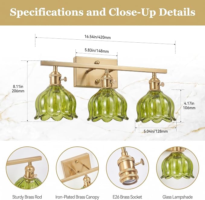 3-Light Vintage Bathroom Vanity Light, 19.4" Brass Hardwired Wall Sconce with Amber Tulip Glass Shades, Brushed Gold Vanity Light for Mirror, Restroom, Bedroom (Green, 3-Light)