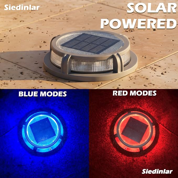 SIEDiNLAR Solar Deck Lights Outdoor 2 Modes 16 LEDs Driveway Markers Dock Light Solar Powered Waterproof for Ground Step Pathway Stair Walkway Garden Yard Road 1 Pack (Blue/Red)