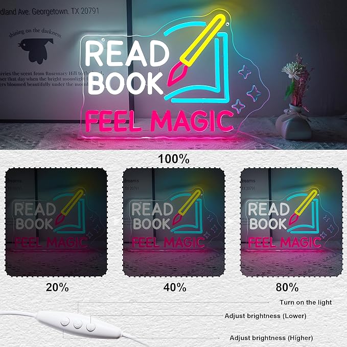 Read Book Feel Magic Neon Sign Led Pink Neon Signs for Wall Decor Colorful Neon Lights Dimmable Signs USB Light Up Sign Neon for Motivational Kids Gift Library Classroom Reading Room Bookstore Bookish Decoration