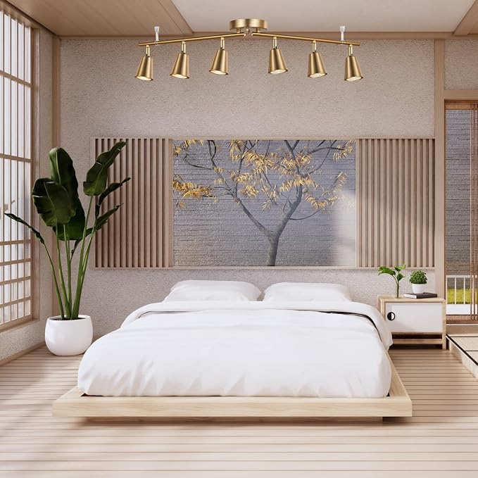 6 Light Track Lighting Kit, Matte Brass Finish Foldable and Adjustable with Modern Ceiling Spotlight for Kitchen,Living,Bed Room Home Improvement