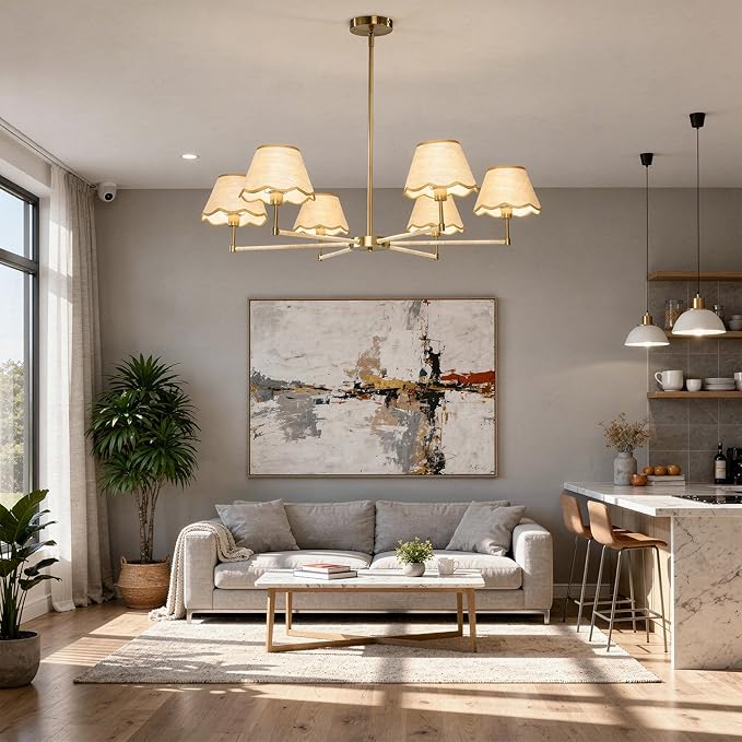 Large Rattan Chandelier Boho Style, 6-Light Rattan Pendant Light Fixture for Living Room, 39”Adjustable Cottage Rattan Hanging Lamp Ceiling Light for Dining Kitchen Island, E12 Socket