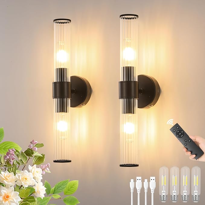 Morauroral Black Battery Operated Wall Sconces Set of 2, Rechargeable Wall Lights with Remote, 20 Inch Modern Wireless Wall Lamp for Bedroom, Living Room with Clear Glass Shade (Bulbs Included)