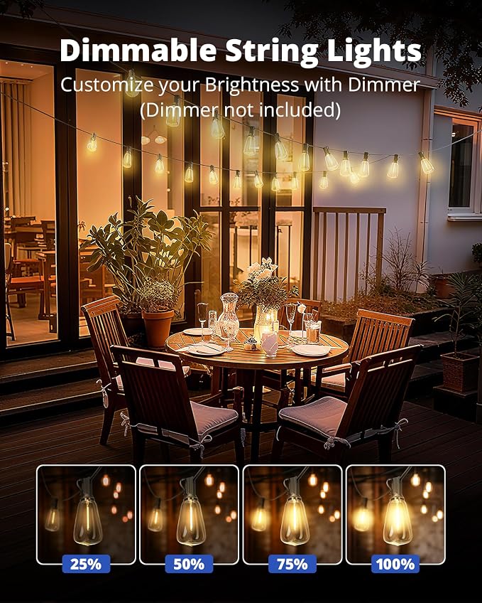 Outdoor String Lights 50FT, Patio Lights Outdoor Waterproof with 27 Bulbs | Shatterproof,Edison Outside Lights,Plug-In,2700K Dimmable, Connectable, Hanging Light for Porch Garden Backyard Deck Balcony