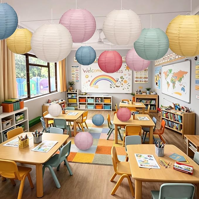 12 Pcs 10 Inch Hanging Paper Lanterns Party Decorations Pastel Spring Classroom Decor for Birthday Back to School Party Decoration for Classrooms Wedding Birthday Ceilings