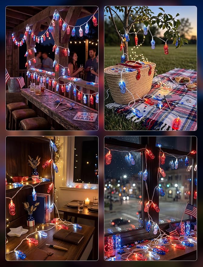 8.5Ft Tropical Beach Slipper String Lights, 4th of July American Flag | Plug in,10 LED Bulbs, Independence Day Decoration Flip Flop Lights for Patriotic Party Festival National Day, White Wir