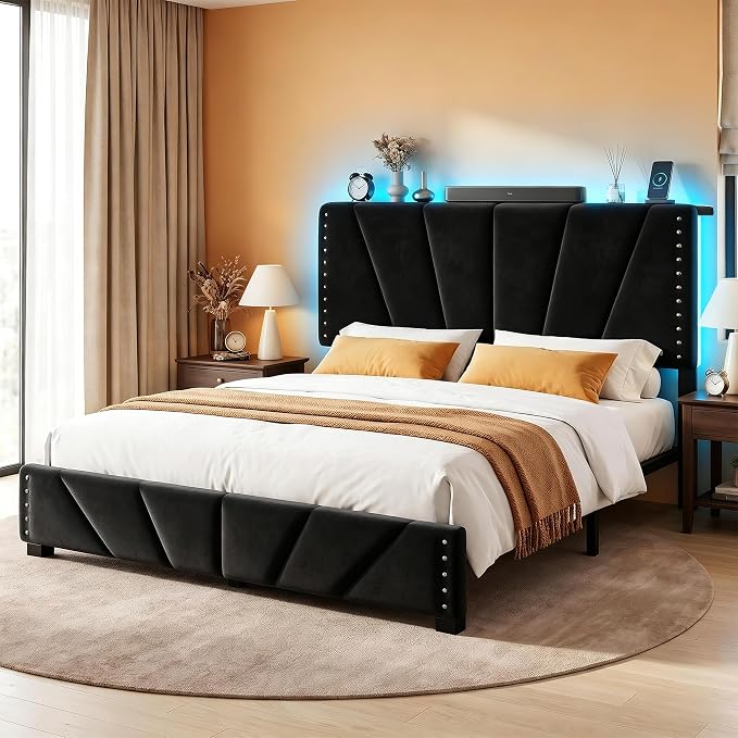 EnHomee Queen Bed Frame with LED Lights & USB, Noise-Free, Black | Adjustable Velvet Headboard，Under-Bed Storage，Heavy Duty Support with 12 Slats，No Box Spring Needed，Easy Assembly for Bedroom