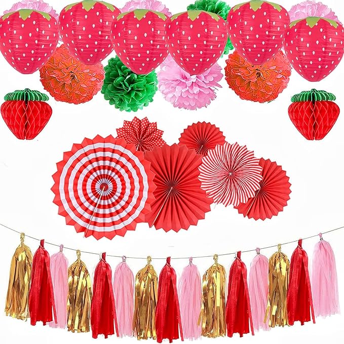 8PCS Strawberry Paper Lanterns, Strawberry Hanging Paper Lantern Decorations Strawberry Decoration Hanging for Room Birthday Party Wedding Garden Decor - 8 Inch, Red