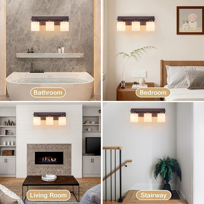 Modern Bathroom Light Fixtures Over Mirror, Vanity Lights for Bathroom Wall Sconces with Milky White Glass Shades, E26 Socket (Bulbs Not Included), 3 Light, Oil Rubbed Bronze
