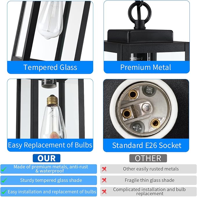 11'' Outdoor Pendant Lights for Porch, Outside Chandelier Hanging Lantern | 1 Pack Black Outdoor Ceiling Light with Clear Glass, Modern Exterior Pendant Lighting Fixture for Porch, Yard (No Sensor)