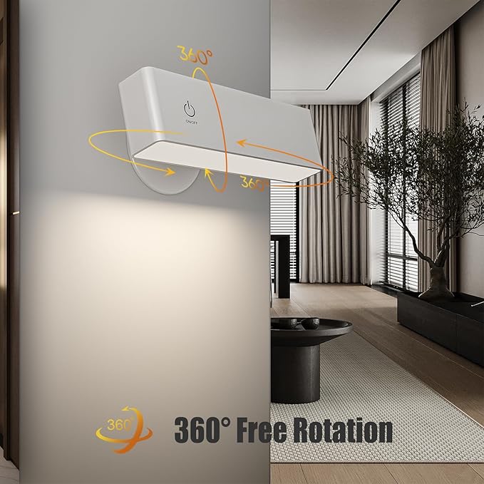 Honalia Rechargeable Wall Lights 2 Pack, Dimmable Wall Mounted Lamp with Magnetic 360 Rotation & Touch Control, Battery Operated Cordless Wall Sconce for Bedroom Bedside Reading