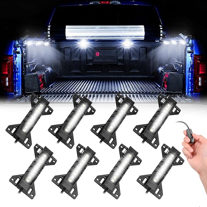 Truck Bed Lights 8 Pods, SWATOW INDUSTRIES Truck Bed LED Light Bar Kits w/Switch Rear Cargo Lights Truck Lighting Kits for Ram 1500 2500 Tacoma F150 F250 F350 Chevy Pickup Vans RVs - White