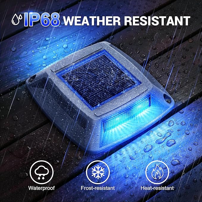 Solar Driveway Lights Outdoor 6 Pack, IP68 Waterproof Solar Powered Driveway Marker Deck Dock Lights for Steps Pathway Walkway Sidewalk Garden Yard Stair Marine (Blue)