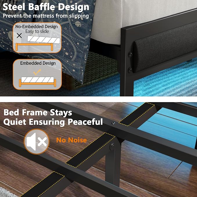 Twin Size Bed Frame with Storage Shelf and Upholstered Headboard | Metal Platform Bed with LED Light, Charging Station and Heavy Duty Slats, No Box Spring Needed, Noise Free & Easy Assembly