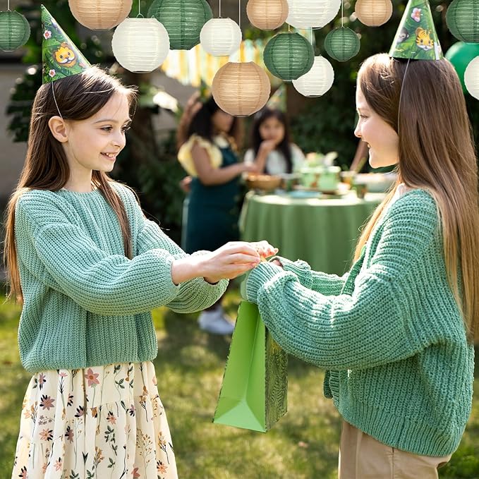 15 Pcs Dark Green Brown Hanging Paper Lanterns 4-12 Inch - Forest Woodland Baby Shower Decorations with Clear Fishing Line, Jungle Safari Birthday Party and Rustic Wedding Decor