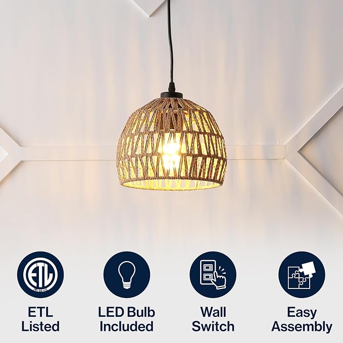 JONATHAN Y Campana 1-Light Pendant Dome Ceiling Lamp, 8.25", Brown | Modern Coastal Farmhouse Decor, Adjustable Height, Woven Rope Metal Frame, LED Bulb Included, UL Listed