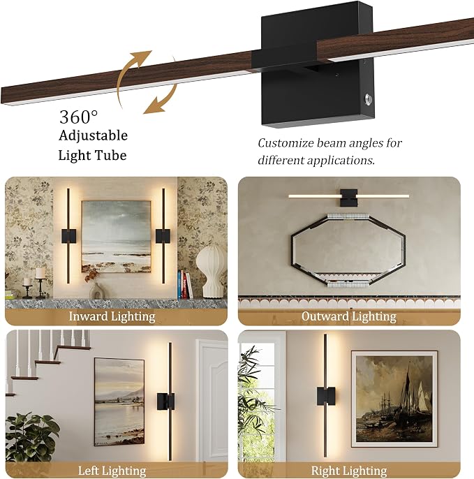 Rayogale Black Walnut Rechargeable Wall Sconce with Remote Control 40 Inch | 3000/4500/6000K Dimmable 8000mAh Wireless Battery Operated Wall Sconces Set of Two with Timer for Living Room, Bedroom, TV