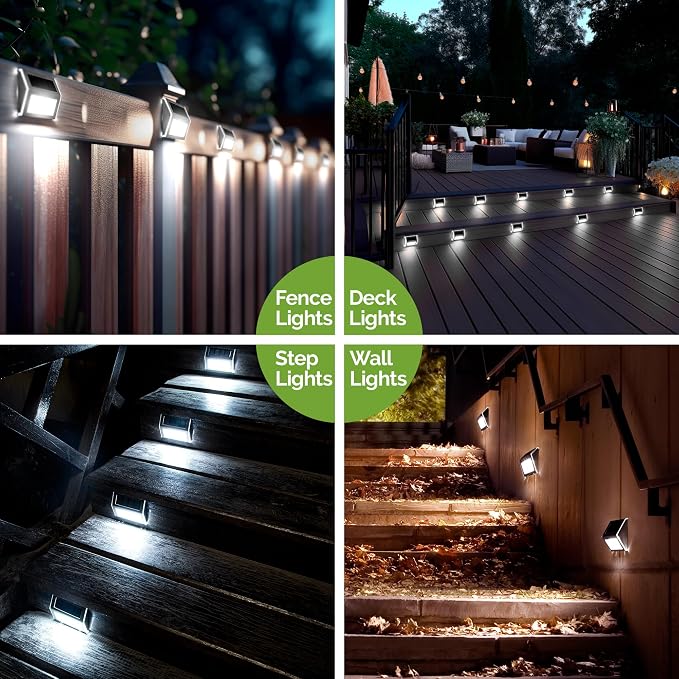 GIGALUMI 12 Pack Solar Fence Lights Outdoor, Waterproof LED, Cold White | Stainless Steel for Outdoor Stairs, Step, Deck, Fence, Yard, Patio, and Balcony