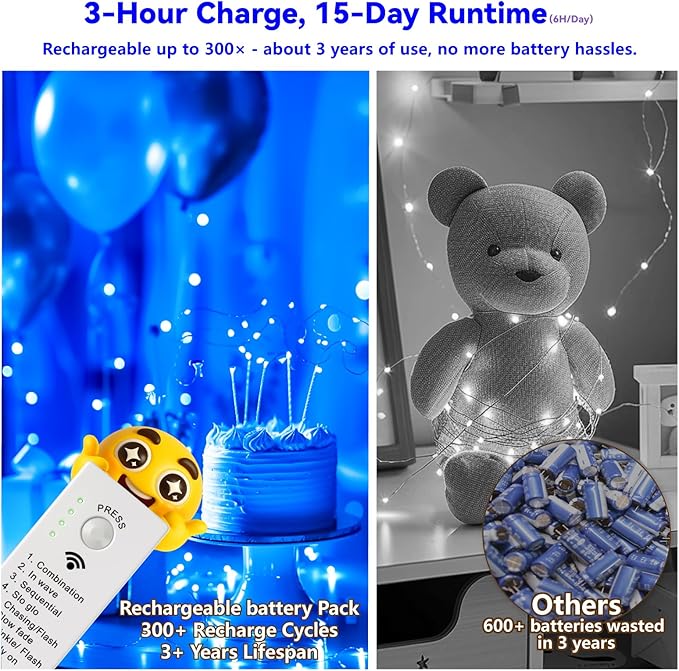 ZSJWL Rechargeable Fairy Lights with DIY Timer & 8 Modes, 16FT 50LED String Lights Battery Operated Indoor, Twinkle mini Lights for Bedroom Christmas Wedding Centerpiece Decor (Blue)