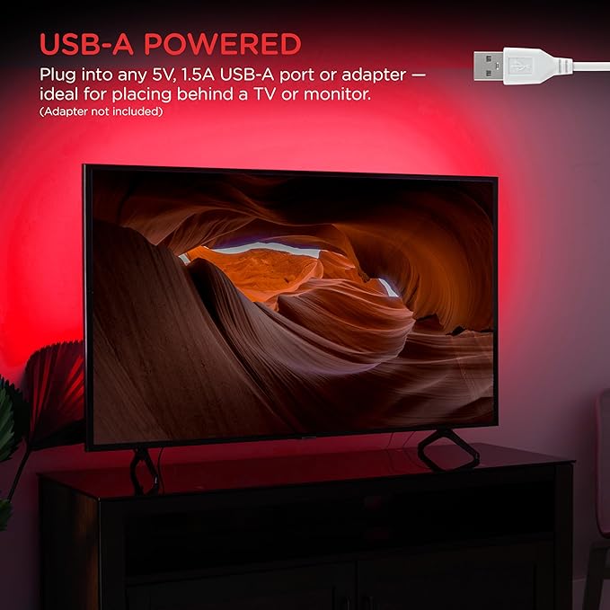 Enbrighten Neon Rope Light, LED Strip Lights, 6.5 feet, USB Powered Flexible Light, LED Strip, Gaming, Home Offices, Customizable, Red, 76627-T1