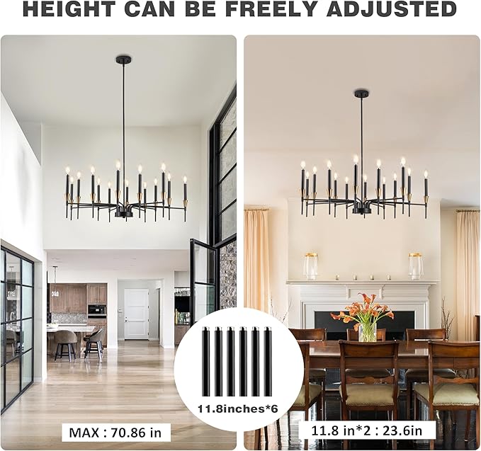 Black and Gold Farmhouse Chandelier 14 Light Large Candle Chandelier for Bedroom 31.5IN Black Chandeliers for Dining Room, Living Room, Foyer, Large Chandeliers for High Ceilings Height Adjustable
