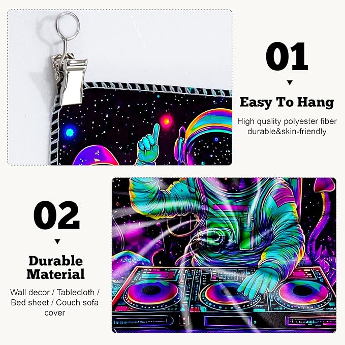 BVBOX Blacklight Space Astronaut Tapestry UV Reactive Galaxy Planet Glow in Dark Tapestries Black Light Poster Neon Wall Hanging Art for bedroom Living Room (Astronaut DJ 1-1M)