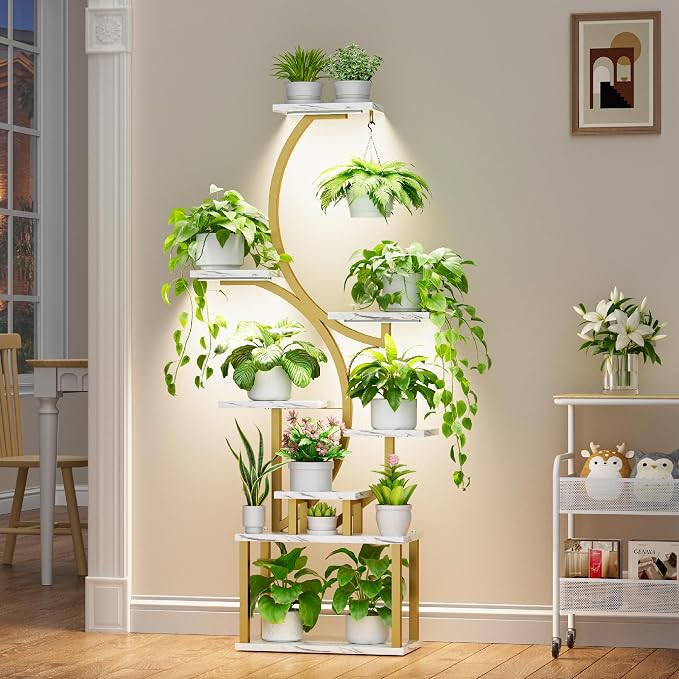 BACEKOLL Plant Stand Indoor with Grow Light, 8 Tier Corner Plant Shelf Tall | 62" Lighted Flower Holder for Plant Multiple, Space-Saving Beautiful Display Growing Rack for Home, Sturdy Metal, Faux Marble