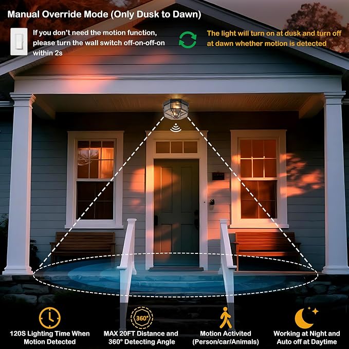 11 Inch Copper Motion Sensor Outdoor Ceiling Light for Porch | 2-Light Design, E12 Base, Dusk to Dawn, Vintage Industrial Style, Clear Tempered Glass, Octagonal Shape